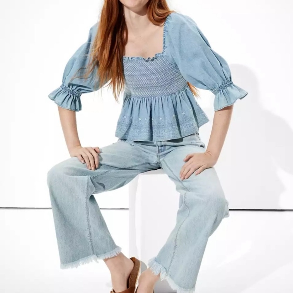 American Eagle Smocked Square Neck Babydoll Top
